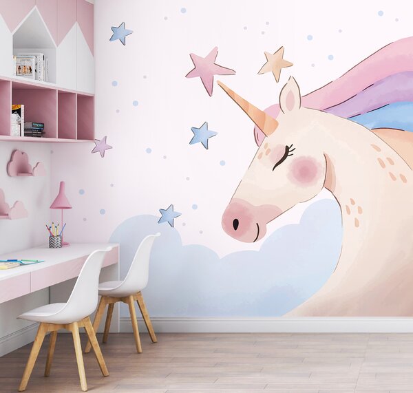 Carta da parati Un unicorno con stelle e nuvole, Carta da parati per Bambini, Carta da parati popolare, u97532 - Tapeko.it