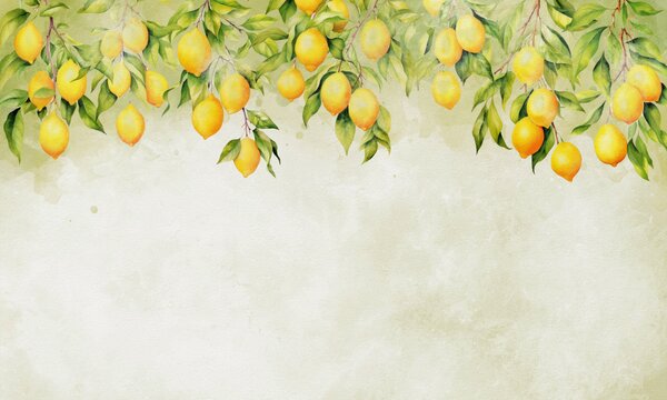 Carta da parati Un gruppo di limoni su un albero, Carta da parati acquerello sul muro, Carta da parati popolare, u97595 - Tapeko.it