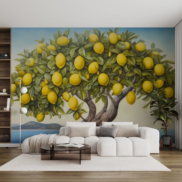 Carta da parati Un albero di limoni con frutti, Carta da parati acquerello sul muro, Carta da parati popolare, u97594 - Tapeko.it
