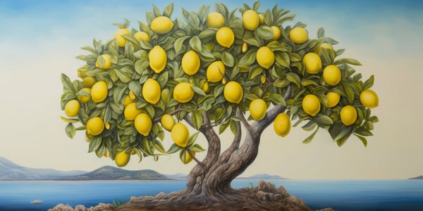 Carta da parati Un albero di limoni con frutti, Carta da parati acquerello sul muro, Carta da parati popolare, u97594 - Tapeko.it