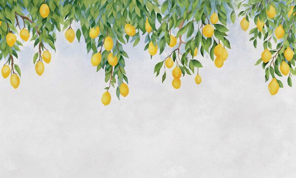 Carta da parati Limoni da un albero, Carta da parati acquerello sul muro, Carta da parati popolare, u97593 - Tapeko.it