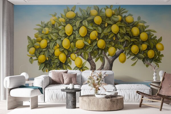 Carta da parati Un albero di limoni con frutti, Carta da parati acquerello sul muro, Carta da parati popolare, u97594 - Tapeko.it
