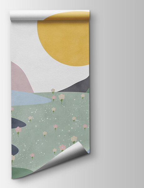 Carta da parati Un paesaggio con montagne e fiori, Carta da parati per Bambini, Carta da parati popolare, u97620 - Tapeko.it