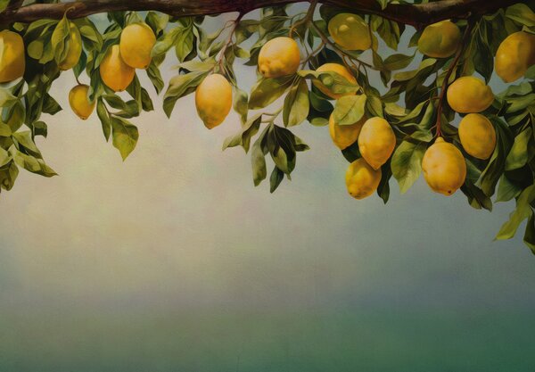 Carta da parati Un dipinto di limoni su un ramo d'albero, Carta da parati acquerello sul muro, Carta da parati popolare, u97600 - Tapeko.it