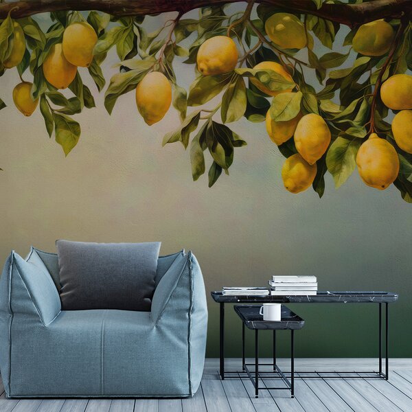 Carta da parati Un dipinto di limoni su un ramo d'albero, Carta da parati acquerello sul muro, Carta da parati popolare, u97600 - Tapeko.it