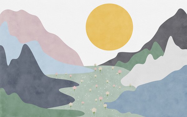 Carta da parati Un paesaggio con montagne e fiori, Carta da parati per Bambini, Carta da parati popolare, u97620 - Tapeko.it