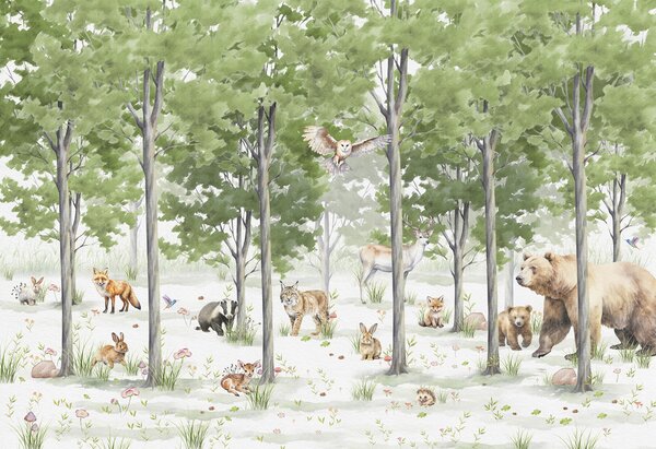 Carta da parati Un gruppo di animali in una foresta, Carta da parati Foresta, Carta da parati popolare, u97741 - Tapeko.it