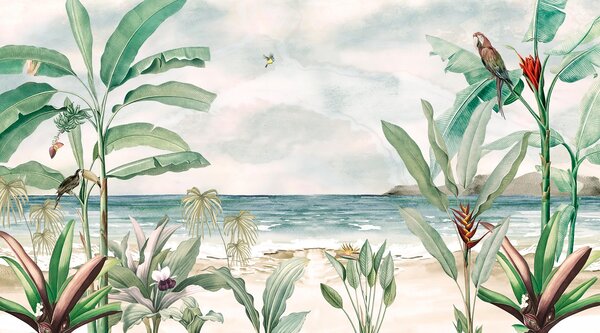 Carta da parati Un dipinto di una spiaggia con piante e un uccello in volo, Carta da parati Spiaggia, Carta da parati popolare, u97892 - Tapeko.it