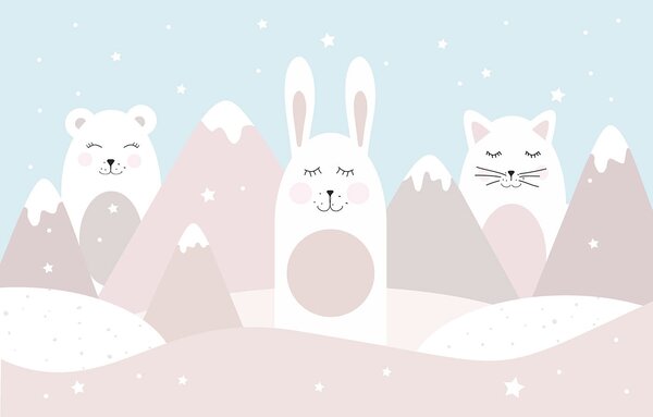 Carta da parati Un gruppo di animali in un paesaggio, Carta da parati per Bambini, Carta da parati popolare, u98135 - Tapeko.it