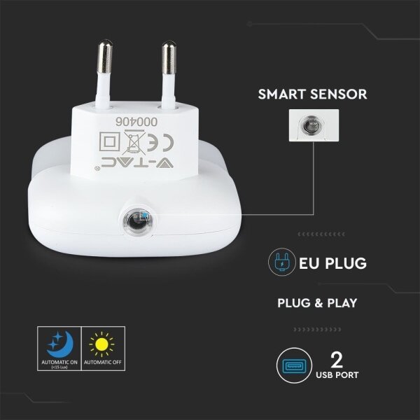 LED Luce notturna con sensore crepuscolare 2xUSB LED/0,45W/230V 3000K