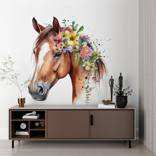 Carta da parati Acquerello di un cavallo con fiori in testa, Carta da parati per Bambini, Carta da parati popolare, u98192 - Tapeko.it