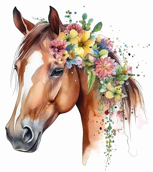 Carta da parati Acquerello di un cavallo con fiori in testa, Carta da parati per Bambini, Carta da parati popolare, u98192 - Tapeko.it