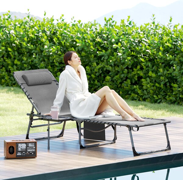 Outsunny Sdraio da Giardino Pieghevole e Reclinabile a 5 Livelli con Tavolino Laterale e Tasca, 60x190x31 cm, Grigio e Nero