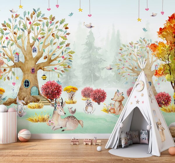 Carta da parati Un acquerello con animali in una foresta, Carta da parati per Bambini, Carta da parati popolare, u98499 - Tapeko.it