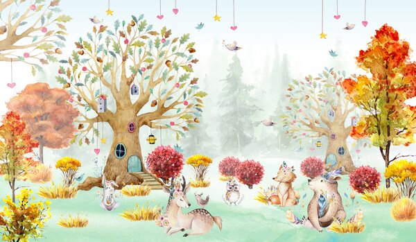 Carta da parati Un acquerello con animali in una foresta, Carta da parati per Bambini, Carta da parati popolare, u98499 - Tapeko.it