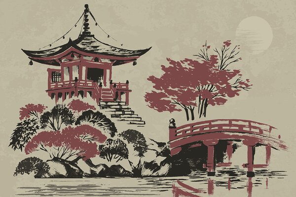 Carta da parati Il dipinto di una pagoda e di un ponte, Carta da parati Natura, Carta da parati popolare, u97635 - Tapeko.it