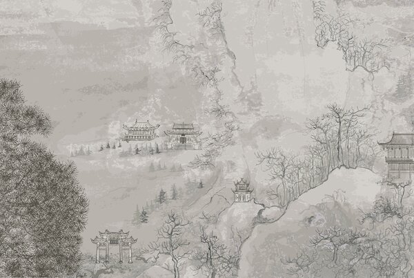 Carta da parati Un dipinto di edifici su una montagna, Carta da parati Natura, Carta da parati popolare, u98699 - Tapeko.it