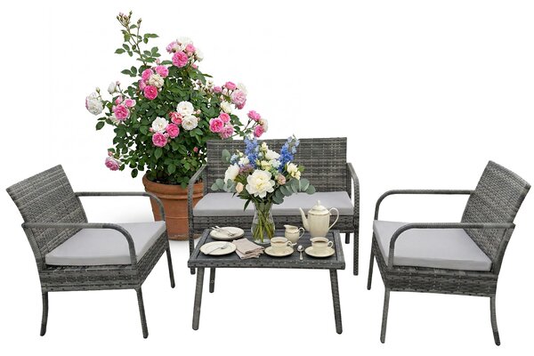 Set di mobili da giardino Relaxdays, set da salotto in rattan da 4 pezzi, per 4 persone, con panca, 2 sedie e tavolo, mobili da relax, per esterni, grigio