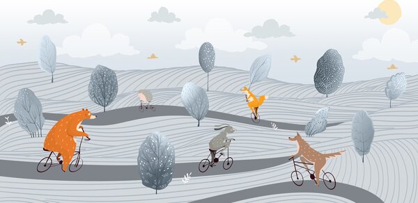 Carta da parati Un gruppo di animali in bicicletta in un campo, Carta da parati per Bambini, Carta da parati popolare, u98687 - Tapeko.it
