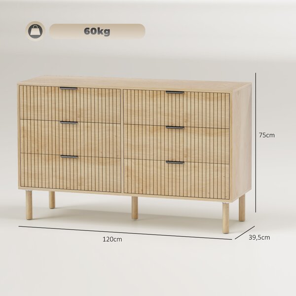 HOMCOM Cassettiera 6 Cassetti in Legno per Camera e Ingresso Stile Nordico, 120x39.5x75 cm, Rovere | Aosom Italy