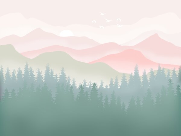 Carta da parati Un paesaggio con alberi e montagne, Carta da parati design, Carta da parati popolare, u98774 - Tapeko.it