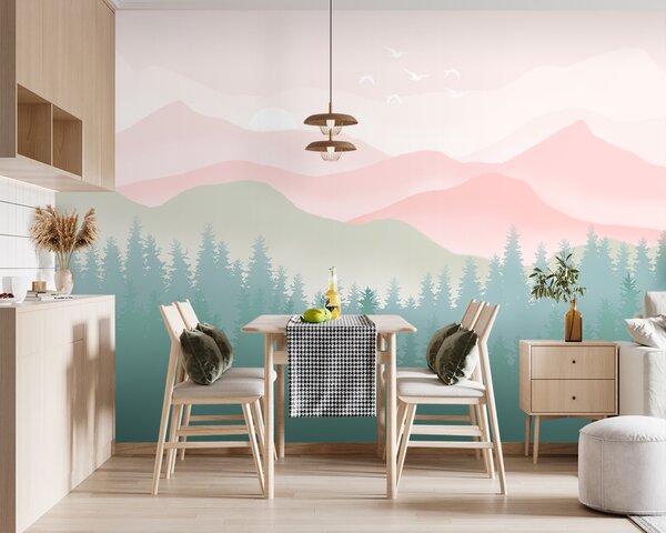 Carta da parati Montagne nebbiose con pineta, colori naturali tenui, rosa e verde, Carta da parati Design, u98774 : Uwalls.it
