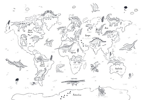 Carta da parati Una mappa del mondo con i dinosauri, Carta da parati per Bambini, Carta da parati popolare, u98793 - Tapeko.it