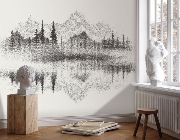 Carta da parati La foresta e le montagne si riflettono nel lago, Carta da parati minimalismo, u98808 : Uwalls.it