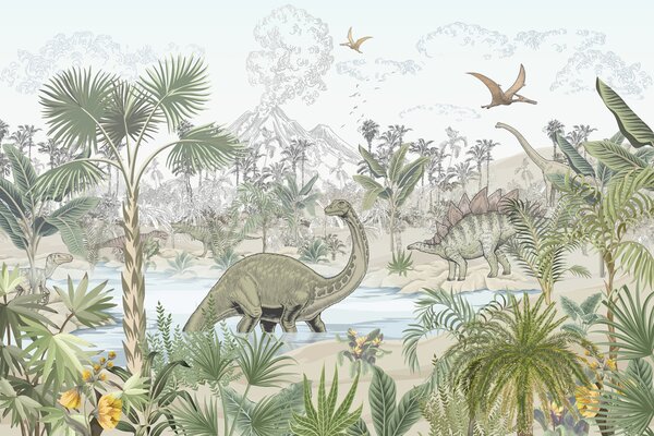 Carta da parati Un gruppo di dinosauri in un fiume, Carta da parati per Bambini, Carta da parati popolare, u98674 - Tapeko.it