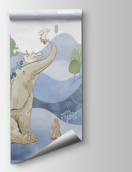 Carta da parati Un elefante e dei conigli in una foresta, Carta da parati per Bambini, Carta da parati popolare, u98695v1 - Tapeko.it