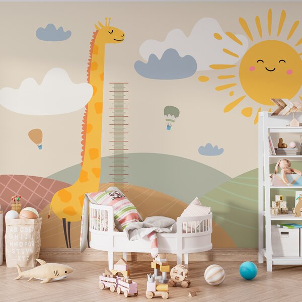 Carta da parati Una giraffa in piedi in un campo con sole e nuvole, Carta da parati per Bambini, Carta da parati popolare, u98954 - Tapeko.it