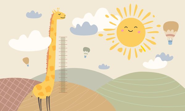 Carta da parati Una giraffa in piedi in un campo con sole e nuvole, Carta da parati per Bambini, Carta da parati popolare, u98954 - Tapeko.it