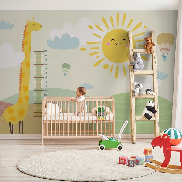 Carta da parati Una giraffa in piedi in un campo con sole e nuvole, Carta da parati per Bambini, Carta da parati popolare, u98954 - Tapeko.it