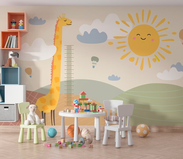 Carta da parati Una giraffa in piedi in un campo con sole e nuvole, Carta da parati per Bambini, Carta da parati popolare, u98954 - Tapeko.it
