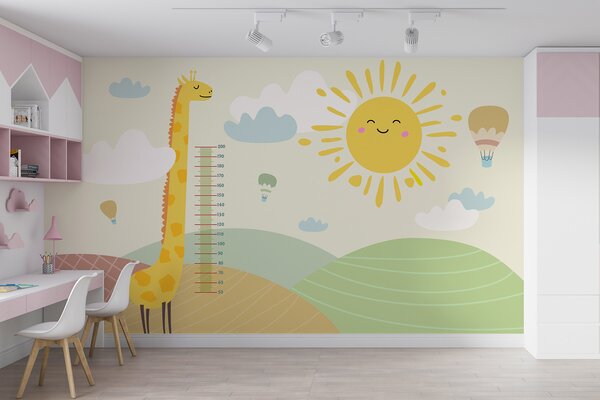 Carta da parati Una giraffa in piedi in un campo con sole e nuvole, Carta da parati per Bambini, Carta da parati popolare, u98954 - Tapeko.it