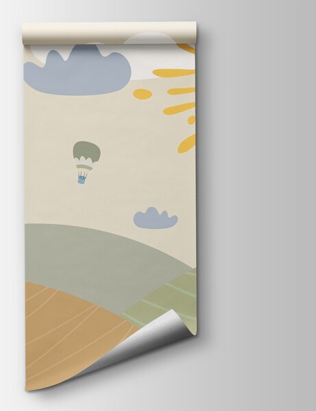Carta da parati Una giraffa in piedi in un campo con sole e nuvole, Carta da parati per Bambini, Carta da parati popolare, u98954 - Tapeko.it