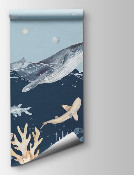 Carta da parati Acquerello di una balena e di un pesce, Carta da parati per Bambini, Carta da parati popolare, u98902 - Tapeko.it