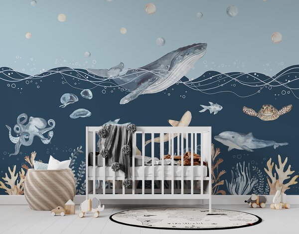 Carta da parati Acquerello di una balena e di un pesce, Carta da parati per Bambini, Carta da parati popolare, u98902 - Tapeko.it