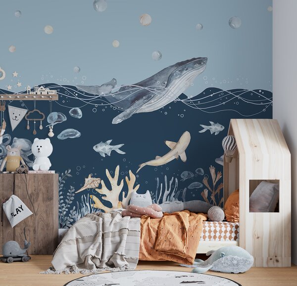 Carta da parati Acquerello di una balena e di un pesce, Carta da parati per Bambini, Carta da parati popolare, u98902 - Tapeko.it