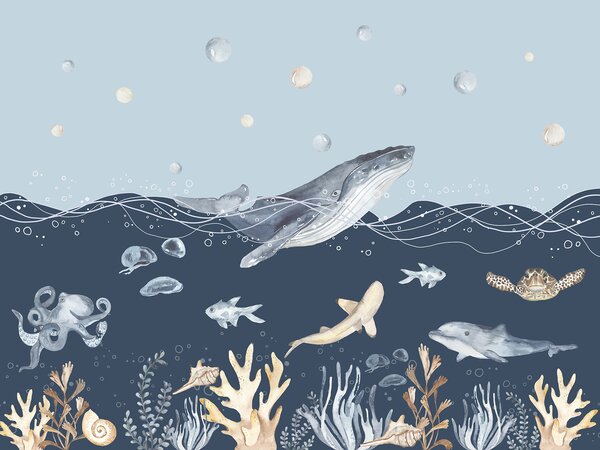 Carta da parati Acquerello di una balena e di un pesce, Carta da parati per Bambini, Carta da parati popolare, u98902 - Tapeko.it