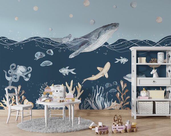 Carta da parati Acquerello di una balena e di un pesce, Carta da parati per Bambini, Carta da parati popolare, u98902 - Tapeko.it
