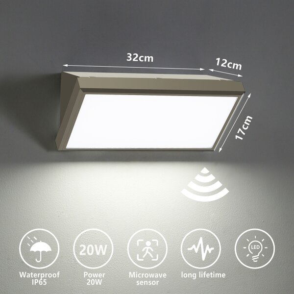 Brilagi-LED Applique da esterno con sensore TRIANGLE LED/20W/230V, grigio, IP65