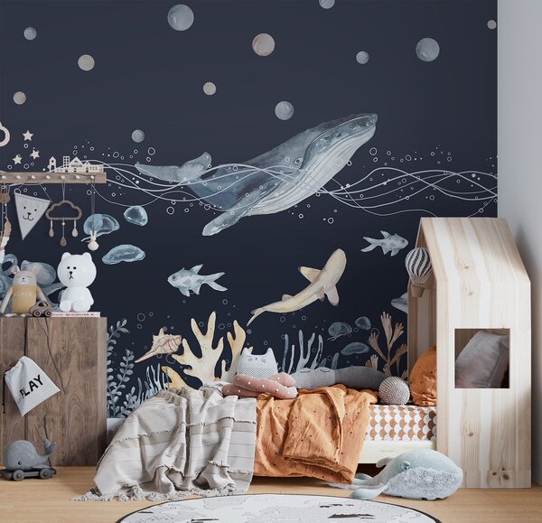 Carta da parati Acquerello di una balena e di un pesce, Carta da parati per Bambini, Carta da parati popolare, u98902v1 - Tapeko.it