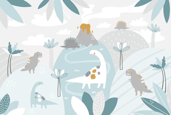 Carta da parati Un dinosauro a cartoni animati con un vulcano e delle piante, Carta da parati per Bambini, Carta da parati popolare, u98918 - Tapeko.it