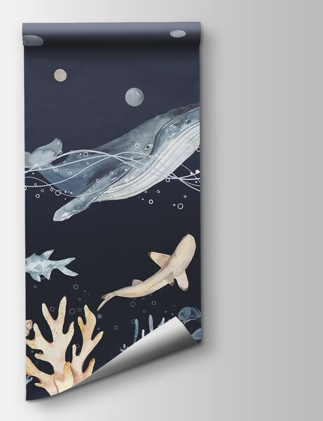 Carta da parati Acquerello di una balena e di un pesce, Carta da parati per Bambini, Carta da parati popolare, u98902v1 - Tapeko.it