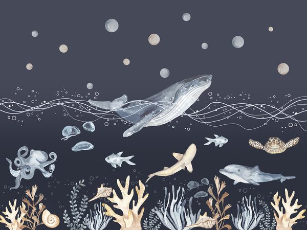Carta da parati Acquerello di una balena e di un pesce, Carta da parati per Bambini, Carta da parati popolare, u98902v1 - Tapeko.it