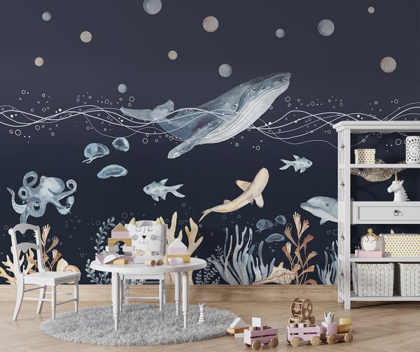 Carta da parati Acquerello di una balena e di un pesce, Carta da parati per Bambini, Carta da parati popolare, u98902v1 - Tapeko.it