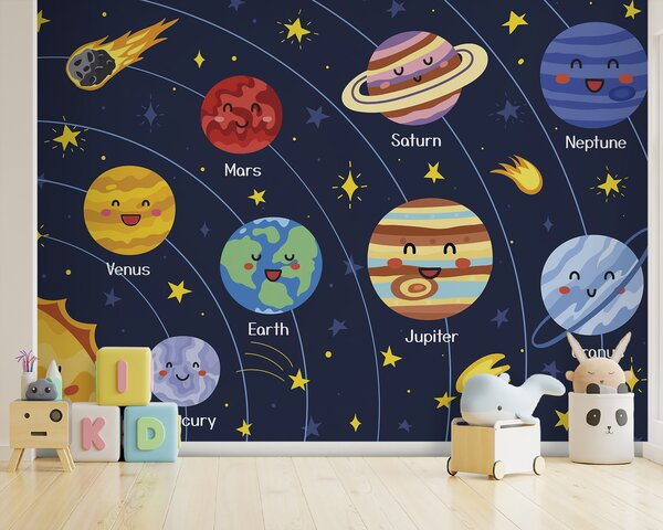 Carta da parati Pianeti e stelle a fumetti nello spazio, Carta da parati per Bambini, Carta da parati popolare, u98820 - Tapeko.it