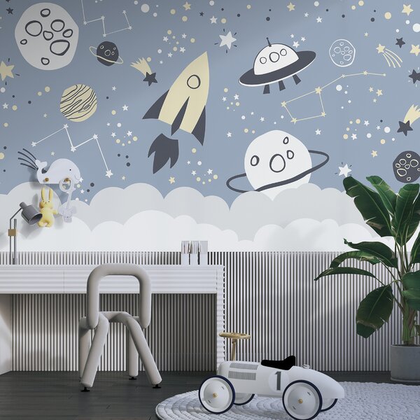 Carta da parati Una scena spaziale a cartoni animati con pianeti e stelle, Carta da parati per Bambini, Carta da parati popolare, u98814 - Tapeko.it