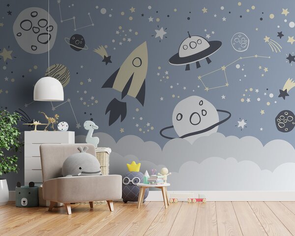 Carta da parati Una scena spaziale a cartoni animati con pianeti e stelle, Carta da parati per Bambini, Carta da parati popolare, u98814 - Tapeko.it